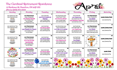 Sample of an April event calendar at Cardinal Retirement Residence.