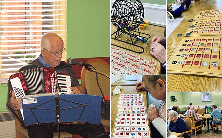 Page header showing photo of a man playing the accoridan and smaller photos of people playing bingo